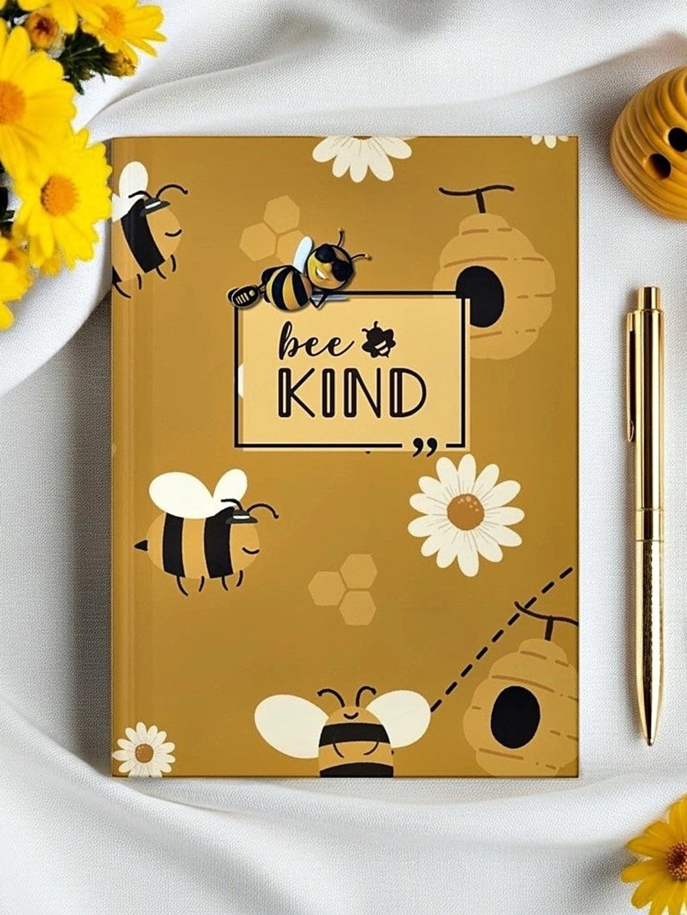 Bee Kind Lined Notebook or Journal in Yellow & White, Gift, NEW